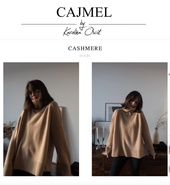 tekst Cajmel na temat kaszmirowych swetrów MINOU