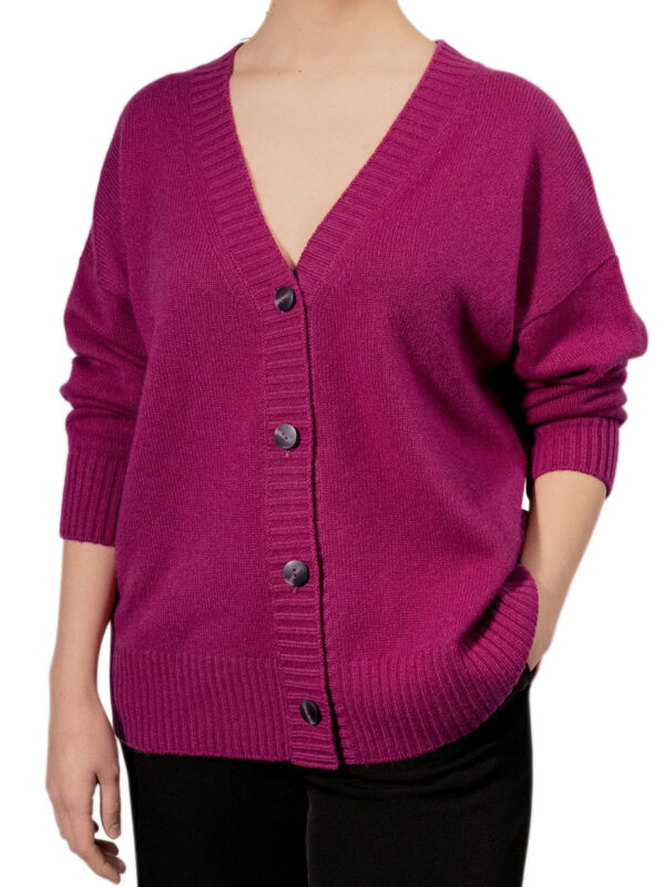 long sleeve cardigan in amaranth color on a model