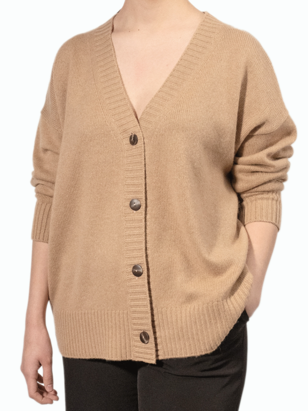 long sleeve cardigan in camel color on a model