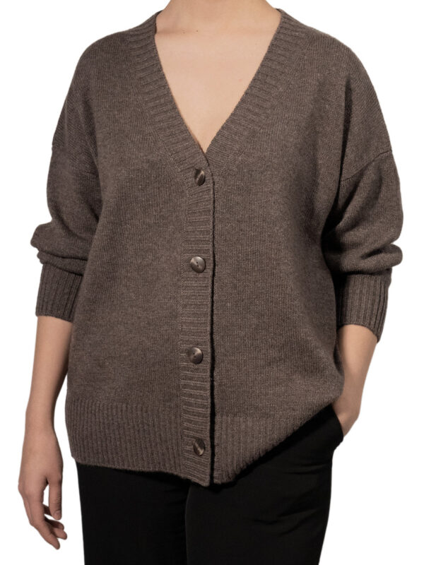 long sleeve cardigan in dark taupe color on a model in front