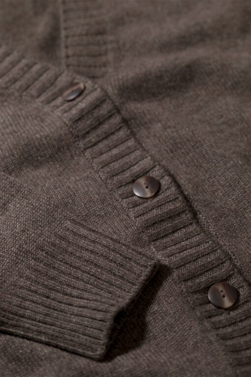 detail of a button on dark taupe cardigan