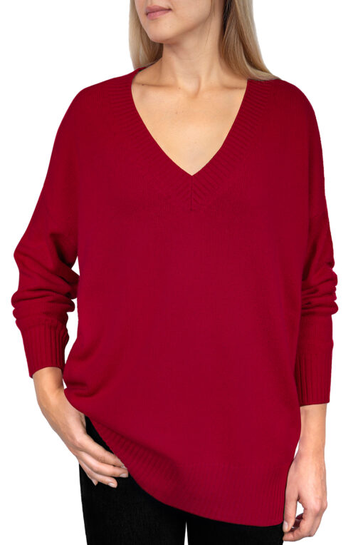 Sweter z dekoltem w serek i długim rękawem w kolorze rubinowej czerwieni