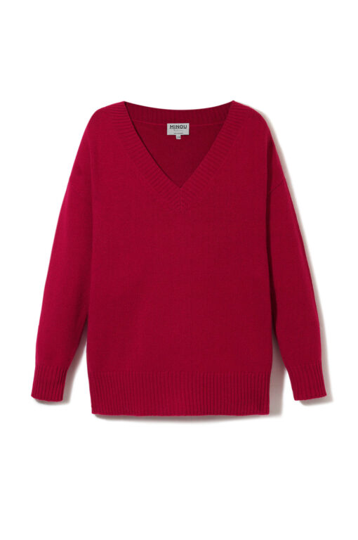 sweter z dekoltem w serek w kolorze rubinu