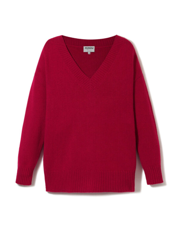 sweter z dekoltem w serek w kolorze rubinu