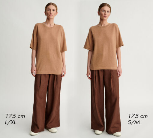 porównanie rozmiarów kaszmirowych t-shirtów w kolorze camel