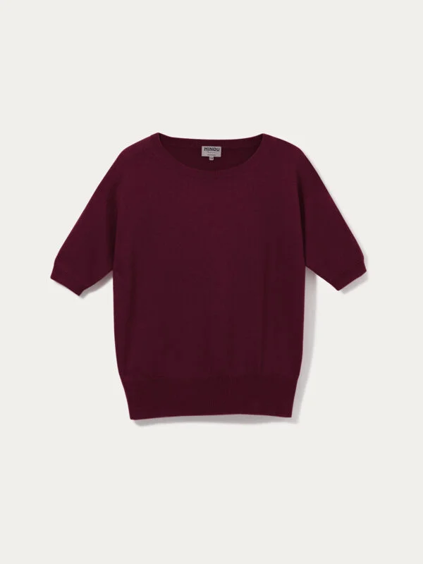 kaszmirowy sweter z krótkim rękawem w kolorze burgundowym