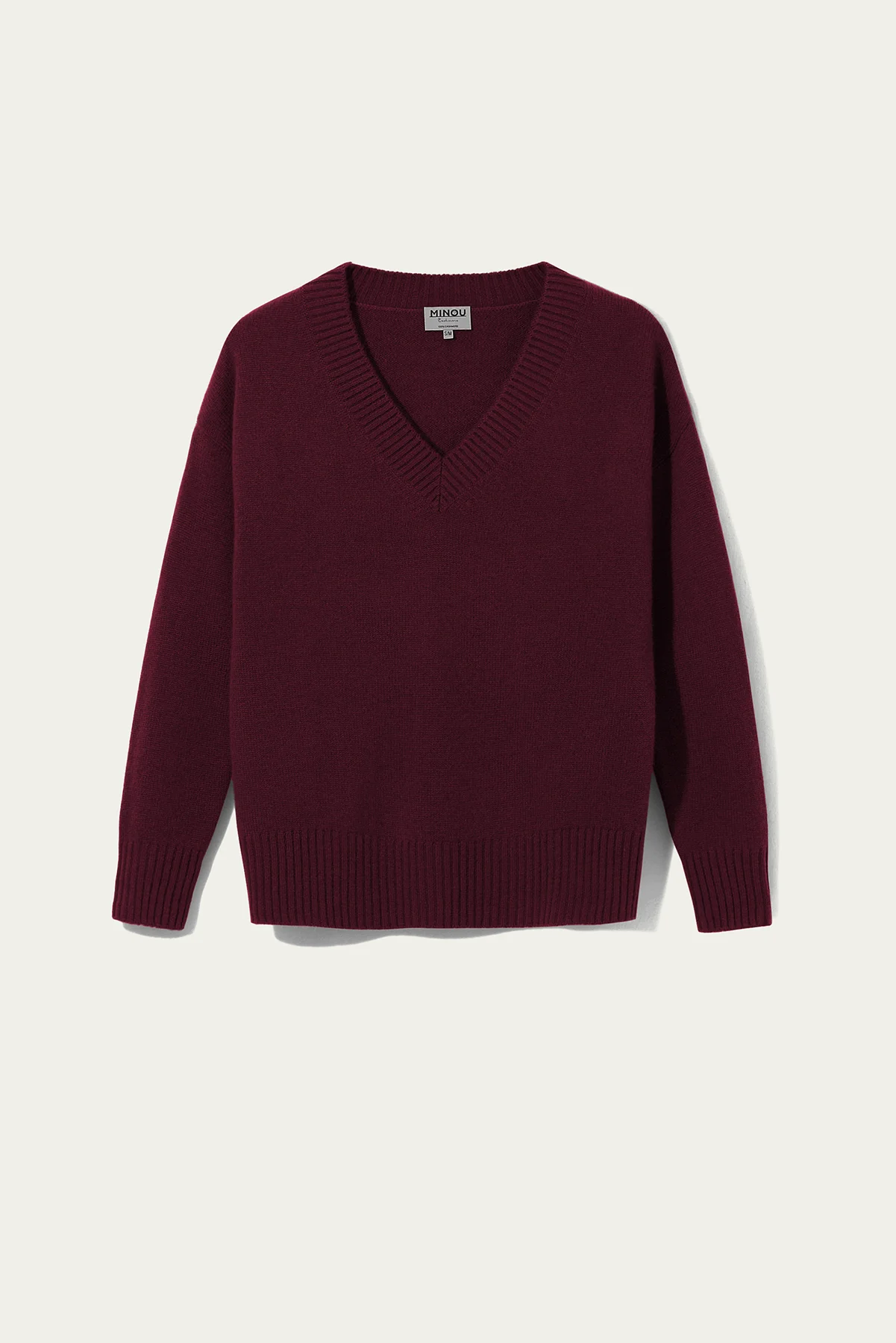 kaszmirowy sweter w serek w kolorze burgundowym