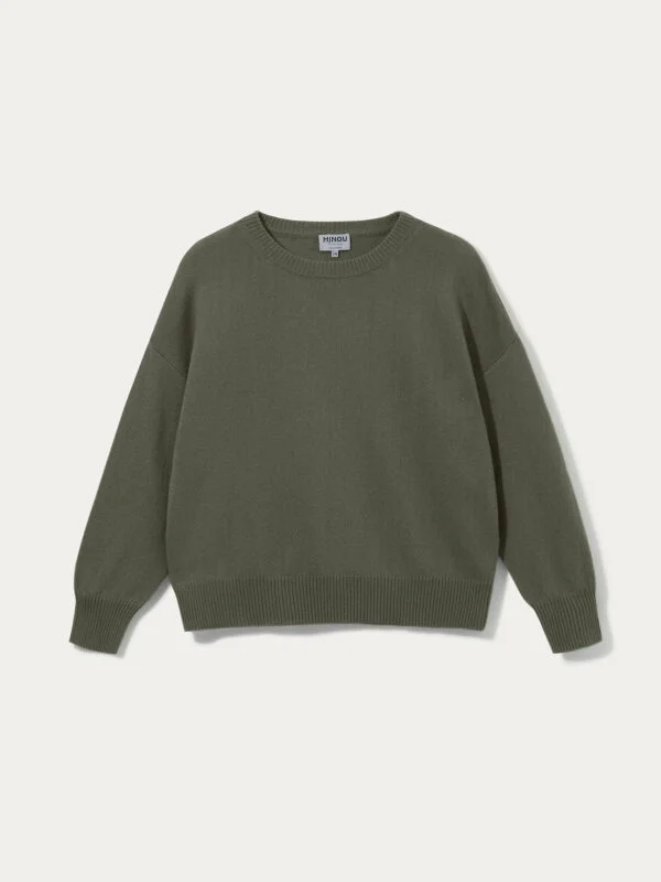 kaszmirowy sweter z okrągłym dekoltem w kolorze oliwka