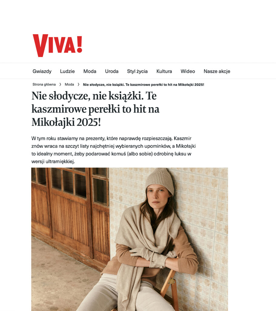 artykuł na stronie Viva.pl z propozycjami kaszmirowych prezentów
