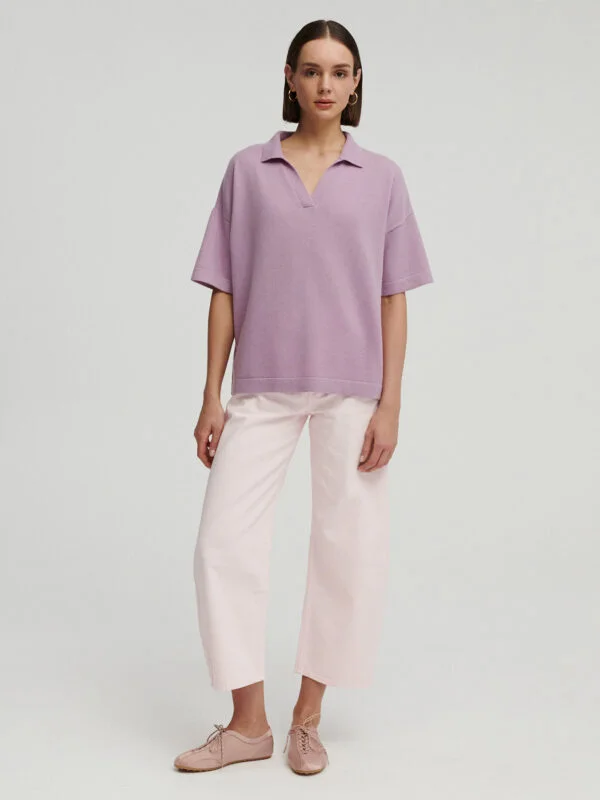 kaszmirowe polo z krótkim rękawkiem w kolorze lila