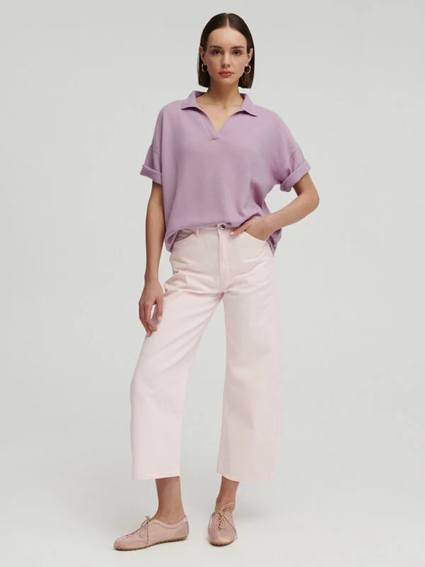 kaszmirowe polo z krótkim rękawkiem w kolorze lila