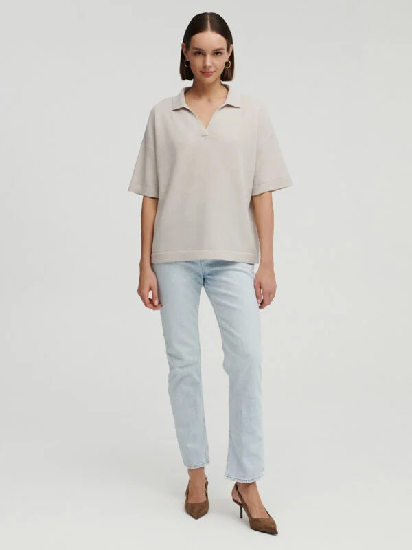 kaszmirowe polo z krótkim rękawkiem w kolorze perłowo szarym