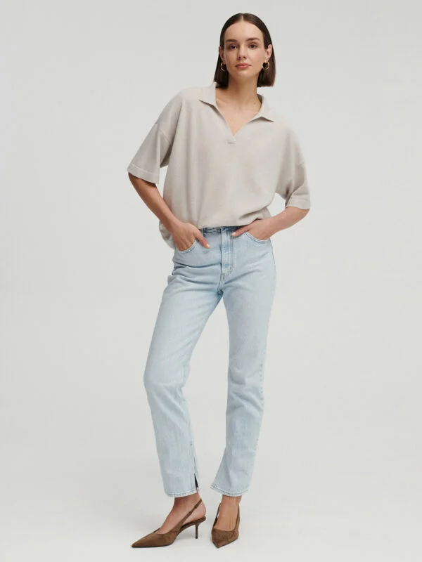 kaszmirowe polo z krótkim rękawkiem w kolorze perłowo szarym