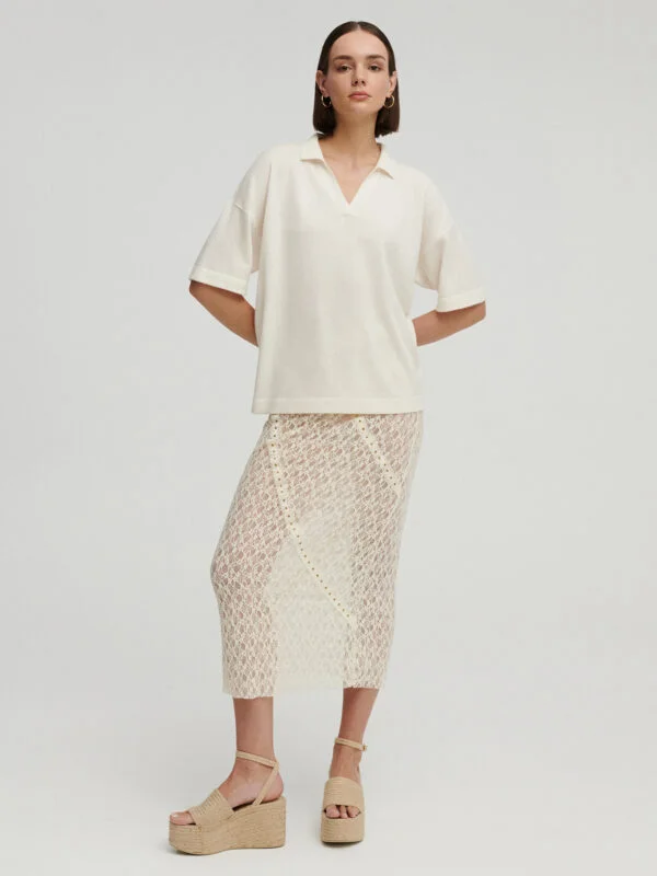 kaszmirowe polo z krótkim rękawkiem w kolorze kremowym