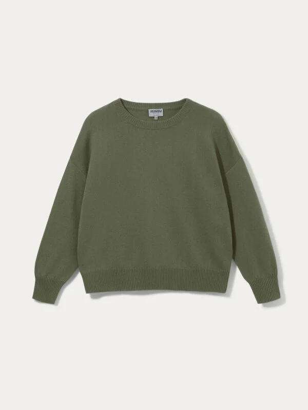 kaszmirowy sweter z okrągłym dekoltem w kolorze oliwka