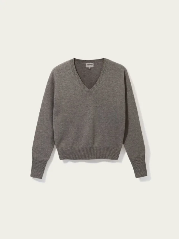 kaszmirowy sweter z dekoltem w serek w kolorze taupe